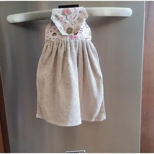 Handmade Hanging Kitchen Towel Celebration Cake Print Tan Pink Oven Door Towel